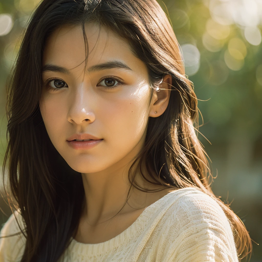 A hyper-realistic image of a single Japanese woman in her early 20s, captured with the nostalgic warmth and subtle graininess of a film camera. Her skin has a warm beige tone with a natural, slightly rough texture that includes visible pores, fine lines, and subtle imperfections such as small blemishes, adding to the authenticity of her appearance. The soft, diffused natural light enhances the film-like quality, casting gentle shadows that create a timeless, organic feel. Her straight, glossy black hair frames her face in a natural, slightly tousled manner, and her deep brown eyes reflect the ambient light, adding depth and emotion. The film camera effect introduces a slight grain and a softer focus, giving the image a warm, nostalgic atmosphere while maintaining the realistic texture of her skin. She is dressed simply, in a way that complements her natural beauty, with the overall composition designed to evoke a sense of genuine, understated elegance. The use of natural light, combined with the deliberately rougher texture of her skin and the film-like qualities, ensures that this image captures the imperfections that make her beauty truly lifelike, focusing solely on this one individual.