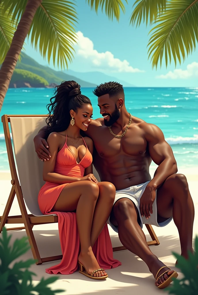 Generate images of a black beautiful woman with curvy body on a beach with a tall and handsome black man living down on beach chairs