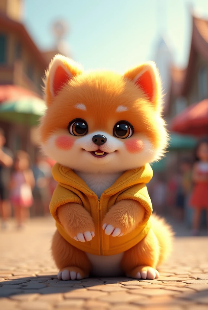 Fascinating, 美味しくふわふわな子犬のポメラニアンの高品質3D Rendering, Exudes cuteness and charm. With a round and plump body、It is softly covered, Vibrant fur and gentle, Small teeth peek out from a slightly open mouth. (Wearing a hoodie)、Its big, Expressive round eyes sparkle, and、Those rosy cheeks are charming. (Upright、Standing on two hind legs), Place your hands gently at your sides, She exudes a charming and friendly aura.. Highlights vibrant colors and textures, Creating visually striking and conceptually unique work., photograph, Conceptual Art, 3D Rendering、(The background is a zoo、crowd、Daytime、sun)