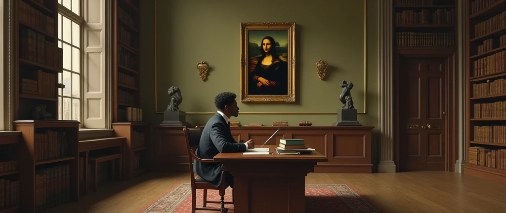 Image in the style of a full-length oil painting in a large space Of a 22-year-old dark-skinned young man Sitting at a desk with a pen in his hand looking at the painter&#39;s perspective On the wall behind him the painting of the Mona Lisa and many books on the shelves and two mounts above the desk His typical attire of an Enlightenment philosopher like Voltarie His reality would be the 15th and 17th centuries
