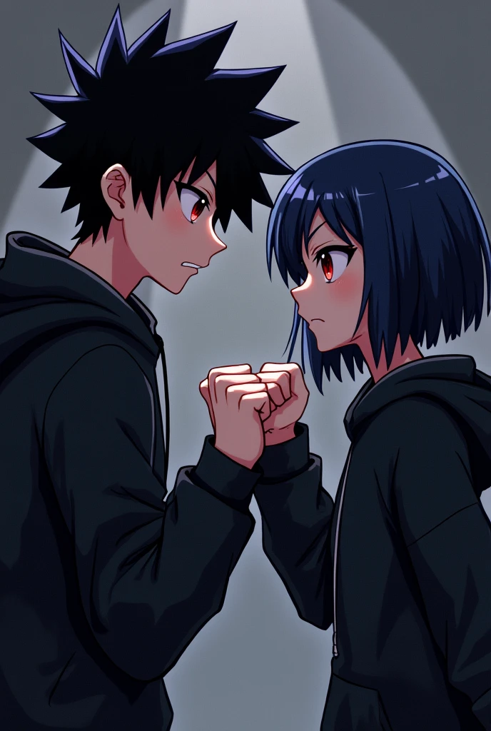 A boy ((( Anime boy , Spiky hair , black hair , black hoodie , blood red eyes , narrowed eye
))) , A girl ((( Anime girl , dark blue hair , modern day mullet hair style , short hair , black hoodie , red eyes , almond eye
))) , dark background , doing fistbump 🤜🤛 , saying "gambare!!"