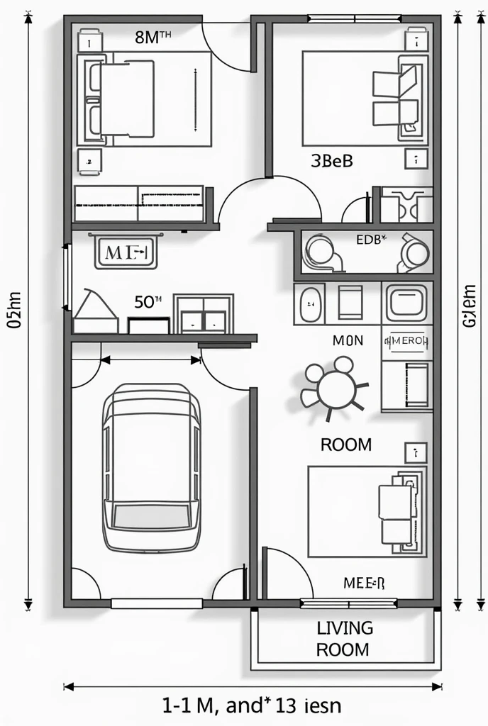 Create a 30m x 40m house plan in 2D, with 2 bedrooms, 1 room , 1 kitchen, 1 bathroom and 1 garage, with measurement markings