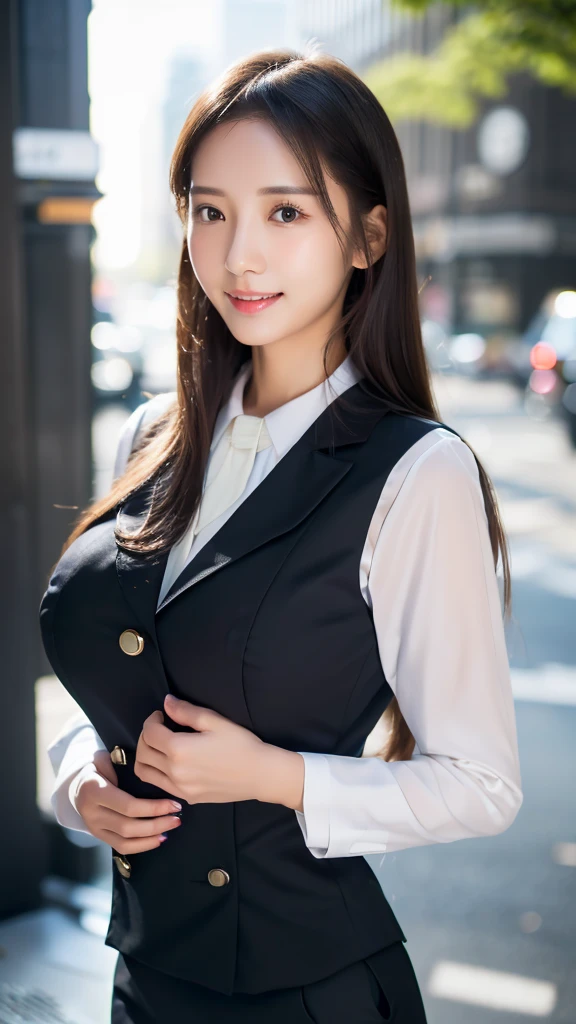 (8k, raw, masterpiece: 1.5), (professional photograph, sharp: 1.2), (natural sun light), (soft shadow), (photorealistic: 1.4), perfect dynamic composition, (1 girl), (Ultra-detailed face and skin), gorgeous face, perfectly proportioned face, dark brown eyes, round eyes, beautiful eyes, glossy eyes, high nose bridge, blush, ((small lips: 1.5)), really moist skin, white skin, (delicate skin:1.4), (latex skin:0.4), (perfect glowing skin:0.6), ((black colored long straight hair, bangs)), (((skinny body: 1.5))), (huge breast: 1.2), Refined expression, smile gently at the camera, looking at camera, ((banker uniform: 1.5))