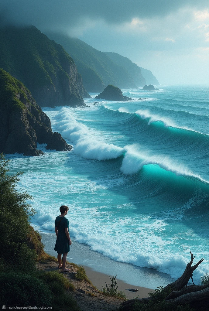 Novel book cover with a beautiful view of waves seen from the shore with dark shading