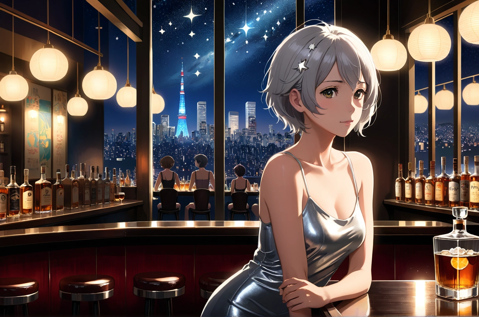 Uses Makoto Shinkai's depiction perfectly,Portrait of Diva Cassel,8k 4k masterpiece photo ,Tokyo,A jazz bar with a glass ceiling,The twinkling stars can be seen through the glass windows.,It's a dark night outside,Jazz is playing,Beautiful in profile,Gentle eyes,Long Hair,Silver Hair,Standing alone at the counter,A small glass of whiskey in front of me1There are、tight fitting tank top dress,The bust is large