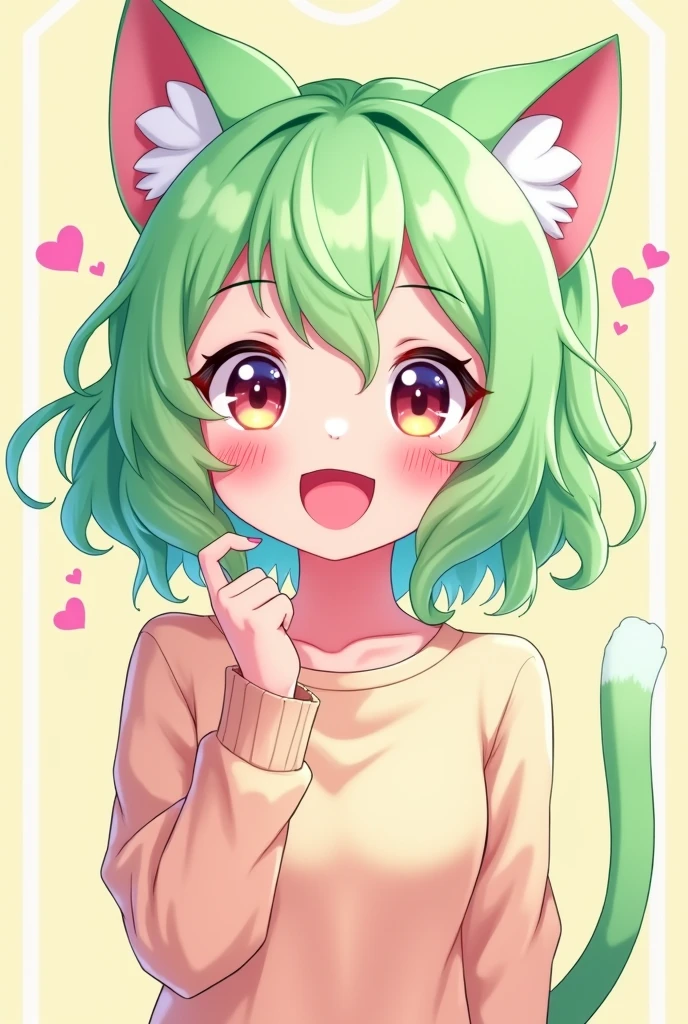 Create a 2d image of a cute smiling anime neko girl with pastel green hair all excited