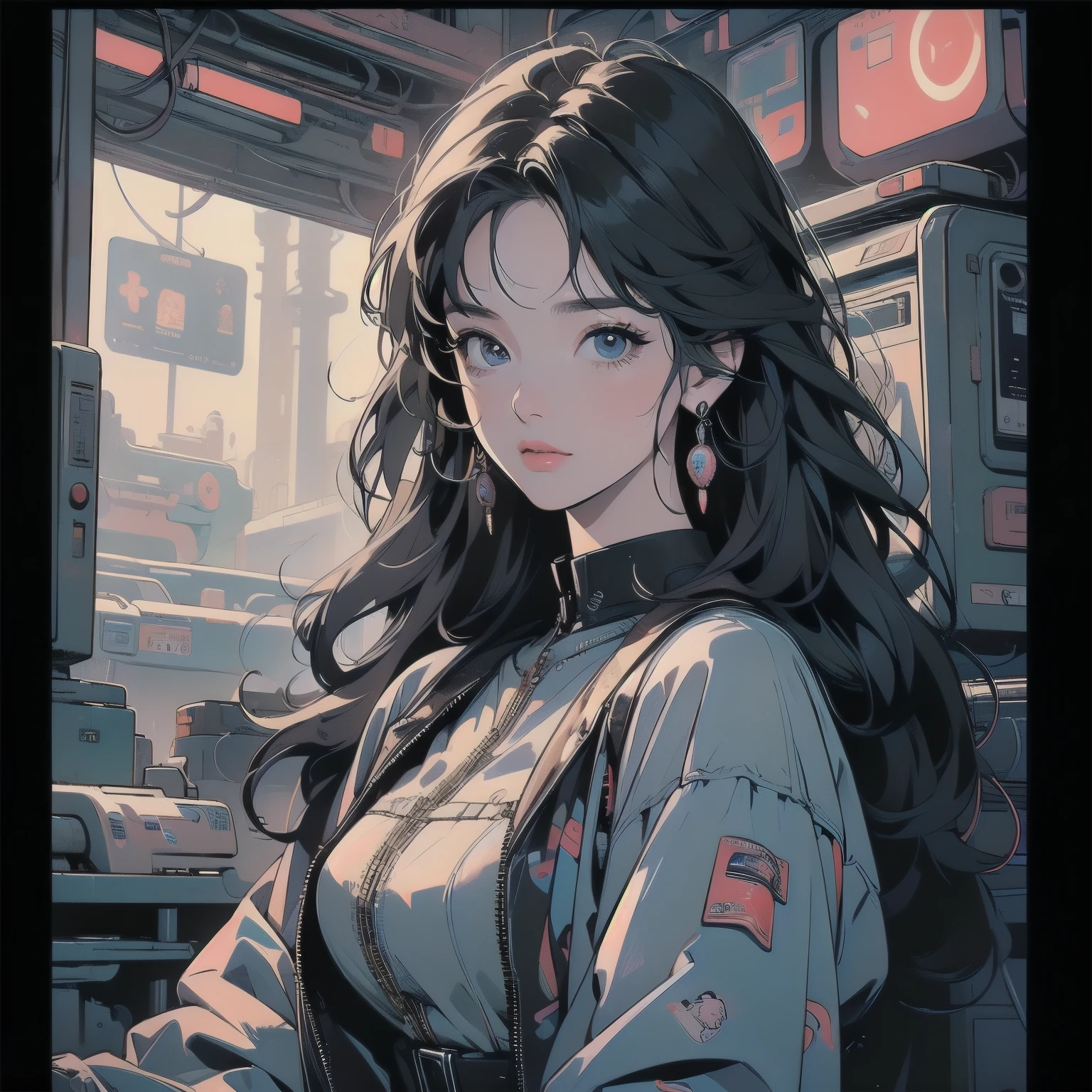 (((masterpiece, Highest quality)))、(((32K Wallpapers)))、The most detailed machine、(((The most complete and detailed colorful futuristic machine and a woman)))、The most detailed background、(((Flat Chest)))、(((Surrounded by many complex, sophisticated, futuristic machines)))、head shot、((Overall colorfully))、A perfect machine、(((Perfect Face)))、(((The most complete machine of the future)))、Detailed Hair, (((Neon signage))) , (((Lots of cables)))