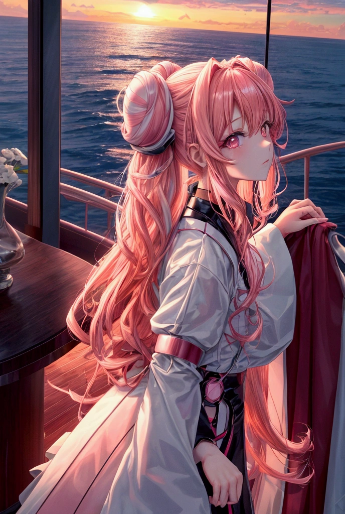 Dressed in a futuristic Mr. Hirai costume on the deck of a luxury cruise ship、Two buns and chestnut hair color、A girl with clear pink eyes in the background、A place where the real and virtual worlds merge、Vivid sunsets and digital skies abound。Overall atmosphere: neon red

