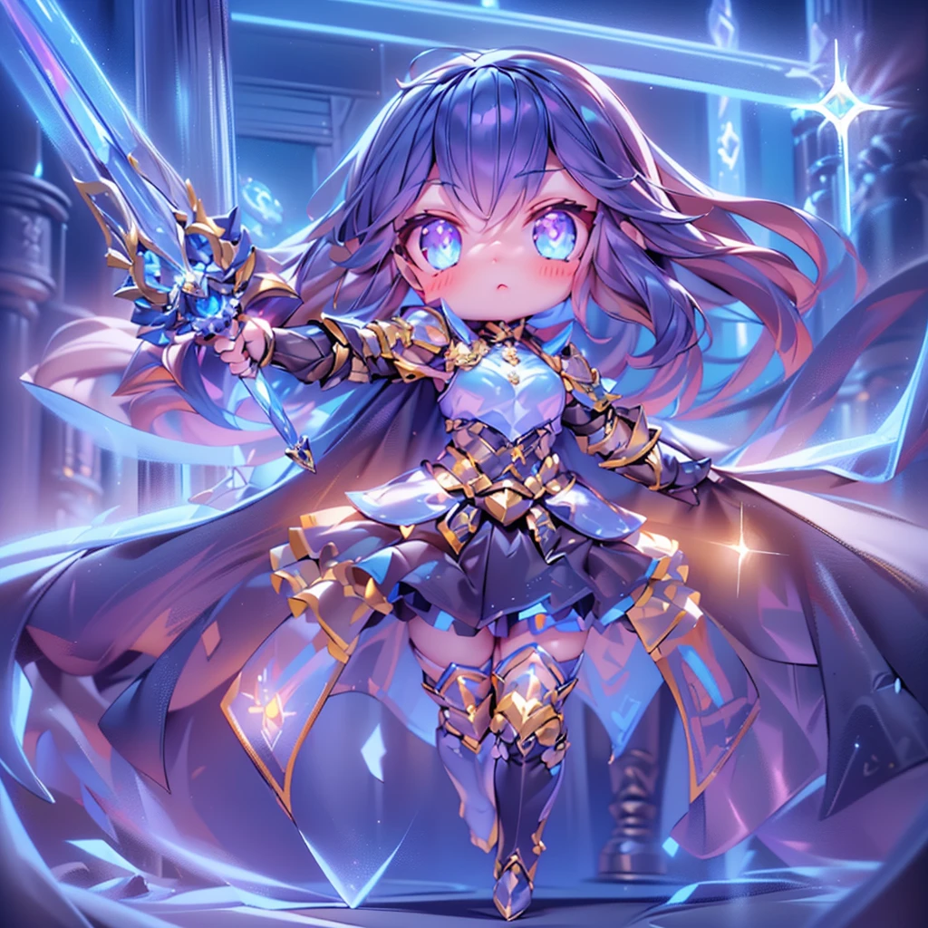 (Sapphire Masterpiece 1.3), (Best Quality), (ultra-detailliert), (girl with), (((Solo))), Cool, Full body, (With the Sword of Paladin:1.10), Ahoge, (Paladin Armor:1.4), (Dynamic Pose:1.6), (((Chibi Character))), (((Deformed))), (Sparkle effect:1.3), (Pillar of Light:1.5), (aura:1.5), (Night Field:1.3), (Alternative Fantasy Worlds:1.1) ,(Blue background)