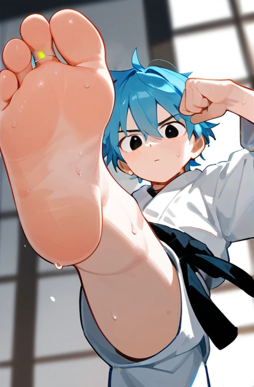 In the ring，一个可爱的男孩露出脚Low Angle，Lift one foot，One-leg stand，black eyes，boy，Blue Hair，short hair，There are bangs between the eyes, Blue Unicorn，black eyes，karate服，karate，Foot 8，Sweating feet，Clear facial features，barefoot, Sweating on the soles of the feet, Perfect feet,A big foot，Stamp your feet，Kick，Anatomically accurate feet, Solitary，Low Angle，There is a sandbag behind me，