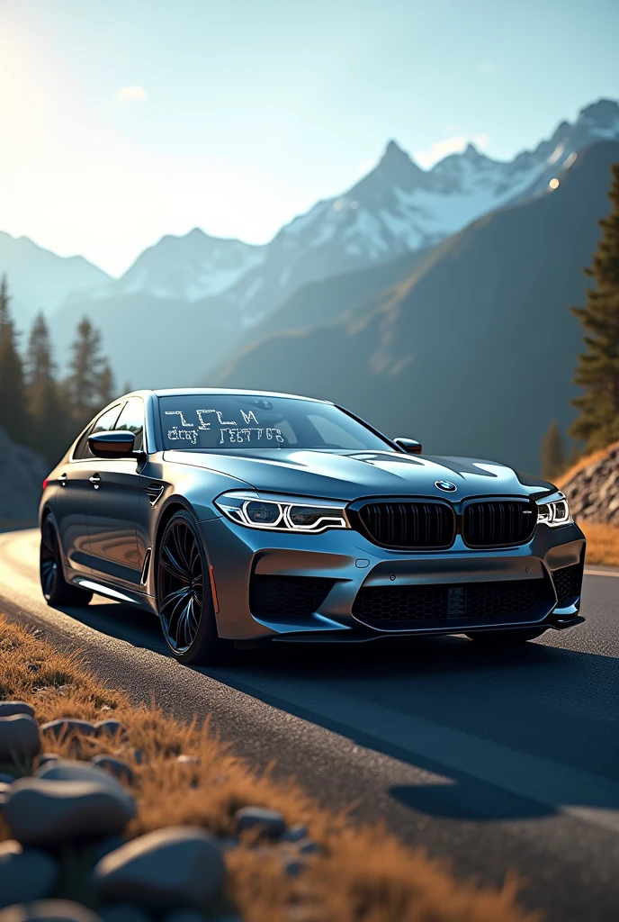 I want a photo of a bmw m5 f90 with a nice background and on top of it write egyr.777 and be tor realistic