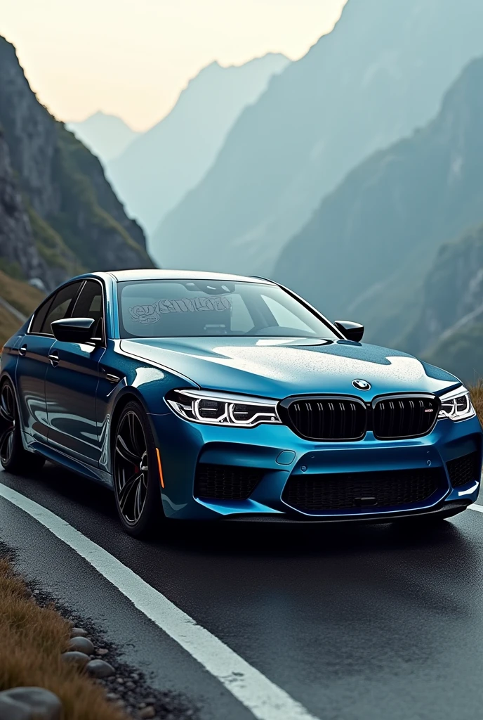 I want a photo of a bmw m5 f90 with a nice background and on top of it write egyr.777 and be tor realistic