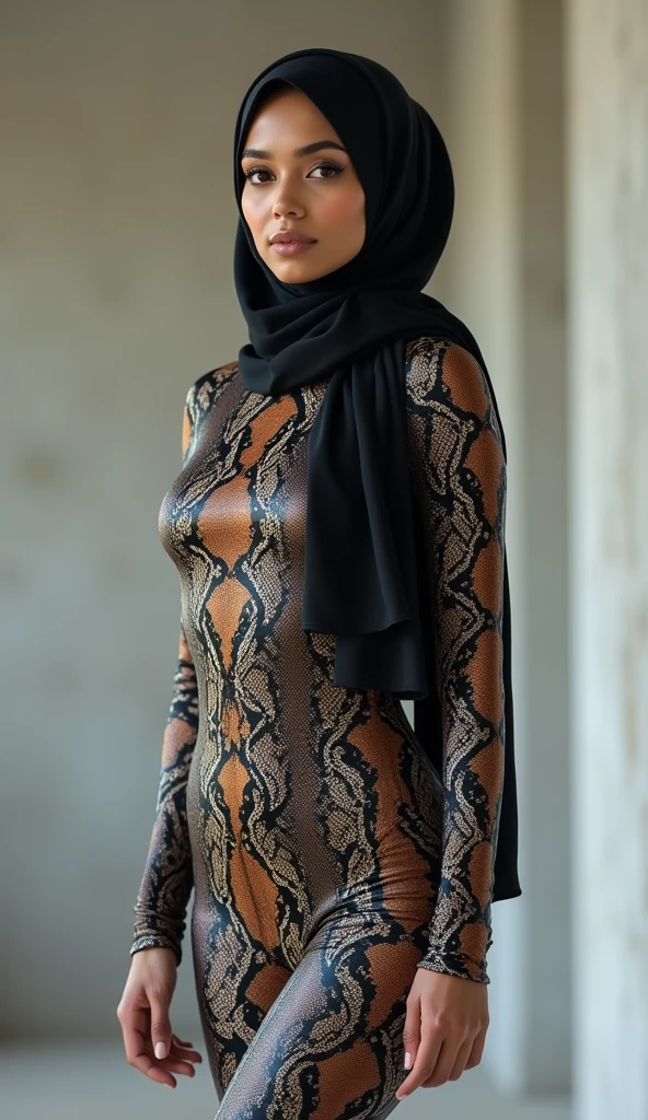 There is one of the most beautiful Malay girls wearing a snake print turtleneck unitard catsuit made of spandex。She wears a snake-patterned Malay hijab made of spandex every day。