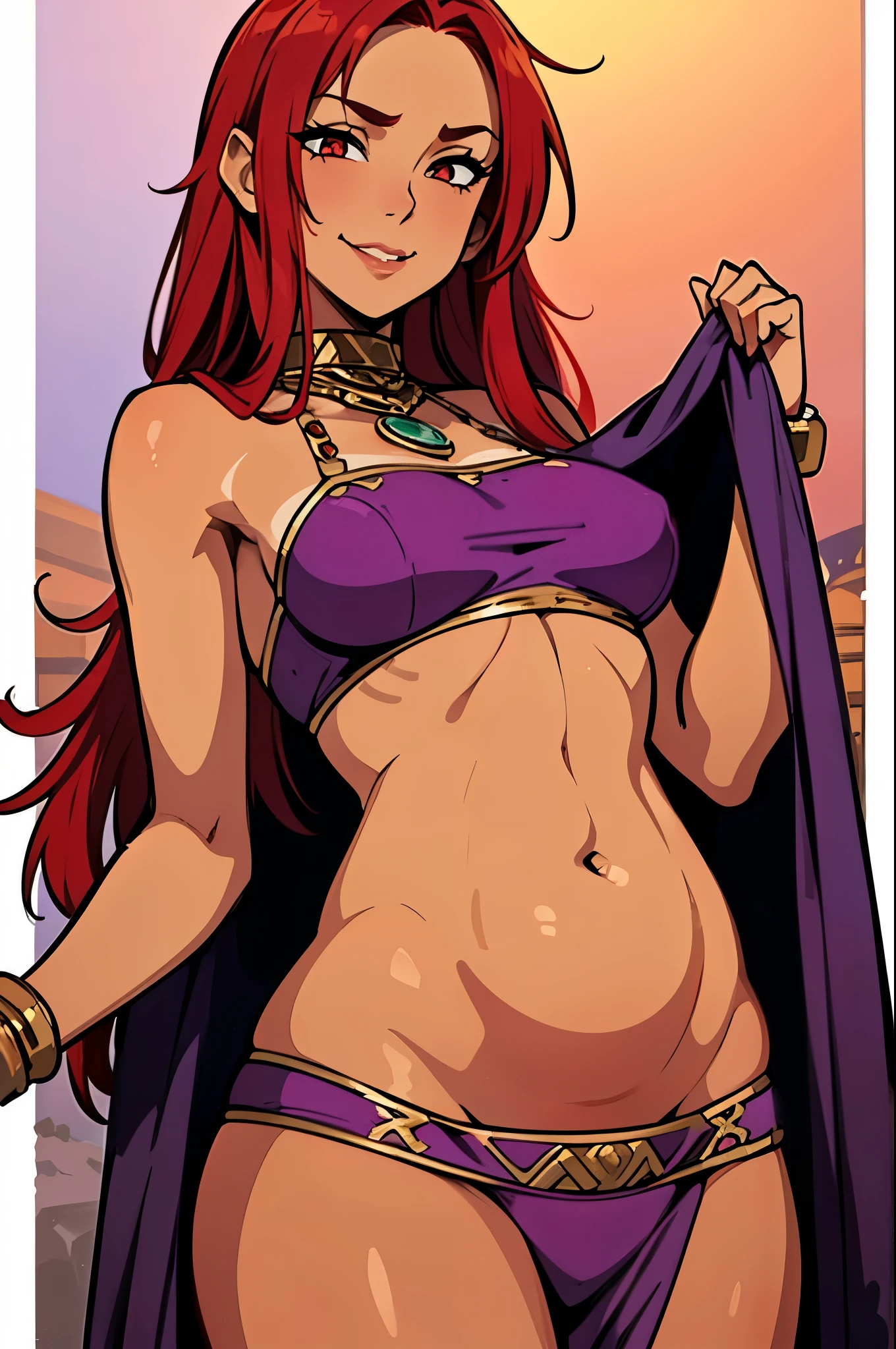 masterpiece, best quality, 1woman, solo, fantasy art, evil woman, ((messy red hair, tan skin)), wicked smile, standing outside, lavender belly dancer clothes, ((soft belly, deep navel, belly closeup, sticking belly out, front facing))