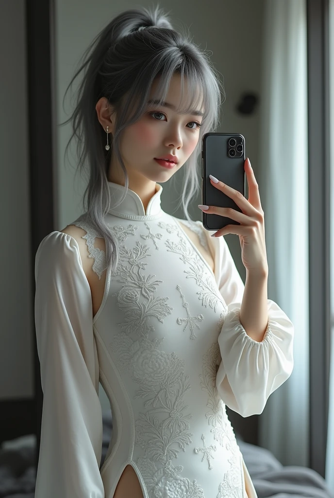highly detailed, beautiful, hyper Realistic girl, masterpiece, best quality, Japanese sexy gravure woman, 1, identity hidden, takes a selfie in her room using a smartphone in front of a mirror with one hand, fashion model Posing, standing, looking away from the camera, /// gray arranged hair, light color eyes, Realistic skin, Detailed face, /// BREAK Cyber punk taste chinese dress, balloon Sleeves, white theme, mandarin collar, intricate patchwork of latex and leather, triangular silhouette skirt, gray, /// Monotone simple modern taste single room, mirror, complicated background