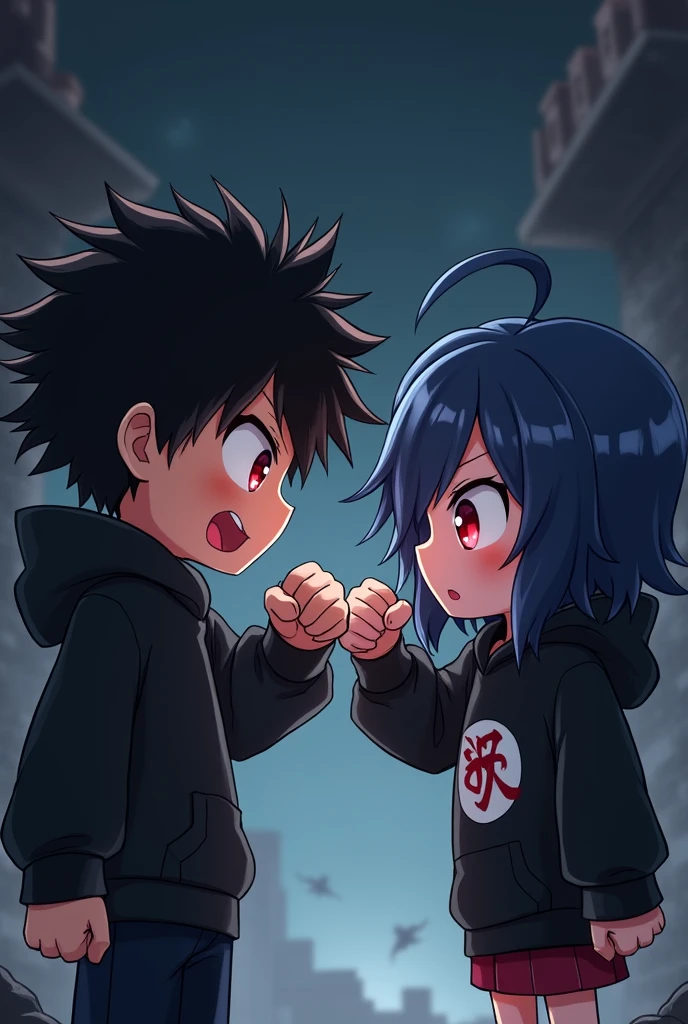 A boy ((( Anime boy , Spiky hair , black hair , black hoodie , blood red eyes , narrowed eye
 ))) , A girl ((( Anime girl , dark blue hair , modern day mullet hair style , short hair , black hoodie , red eyes , almond eye
 ))) , dark background , doing fistbump 🤜🤛 , saying "gambare!!" , chibi