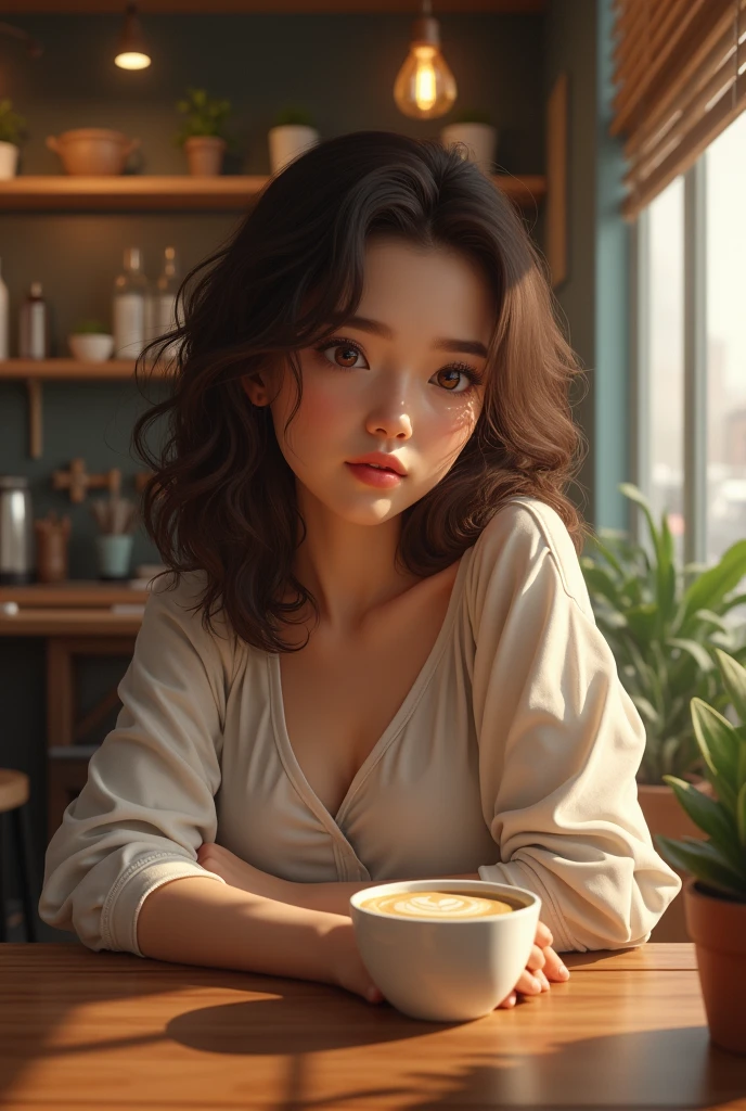 A woman with medium cool skin, curly and brown hair, round almond shaped eyes, full mouth, in a coffee shop