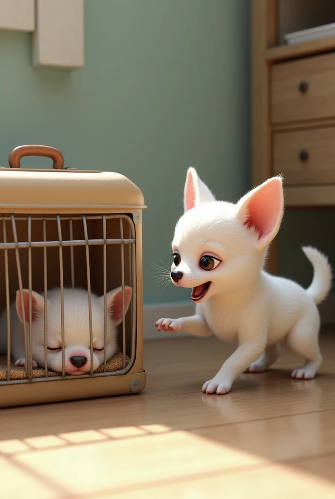 Make me a white chihuahua dog pushing the cage next to the other chihuahua dog in cage sleeping