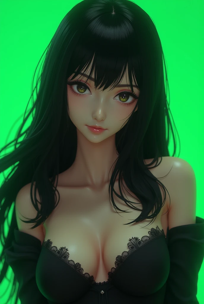 sexy girl anime long black hair with green screen background , 3D, square photo 