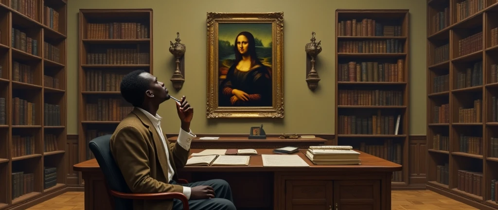 Image in the style of a full-length oil painting in a large space Of a 22-year-old dark-skinned young man Sitting at a desk with a pen in his hand looking at the painter&#39;s perspective On the wall behind him the painting of the Mona Lisa and many books on the shelves and two mounts above the desk His typical attire of an Enlightenment philosopher like Voltarie His reality would be the 15th and 17th centuries
