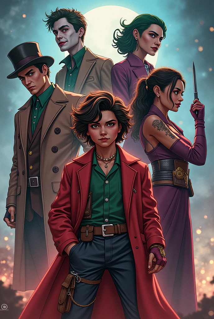Make a POST Placing ALL the characters below spread across the image, one on top and others below, with Léo Valdez in the middle, Mad Hatter, Cyborg, Joker, Echo (Maya Lopez)
Jason Grace Leo Valdez Loki Nico di Angelo Piper McLean Professor Xavier Reyna Avila Toph Thor Mad Hatter 