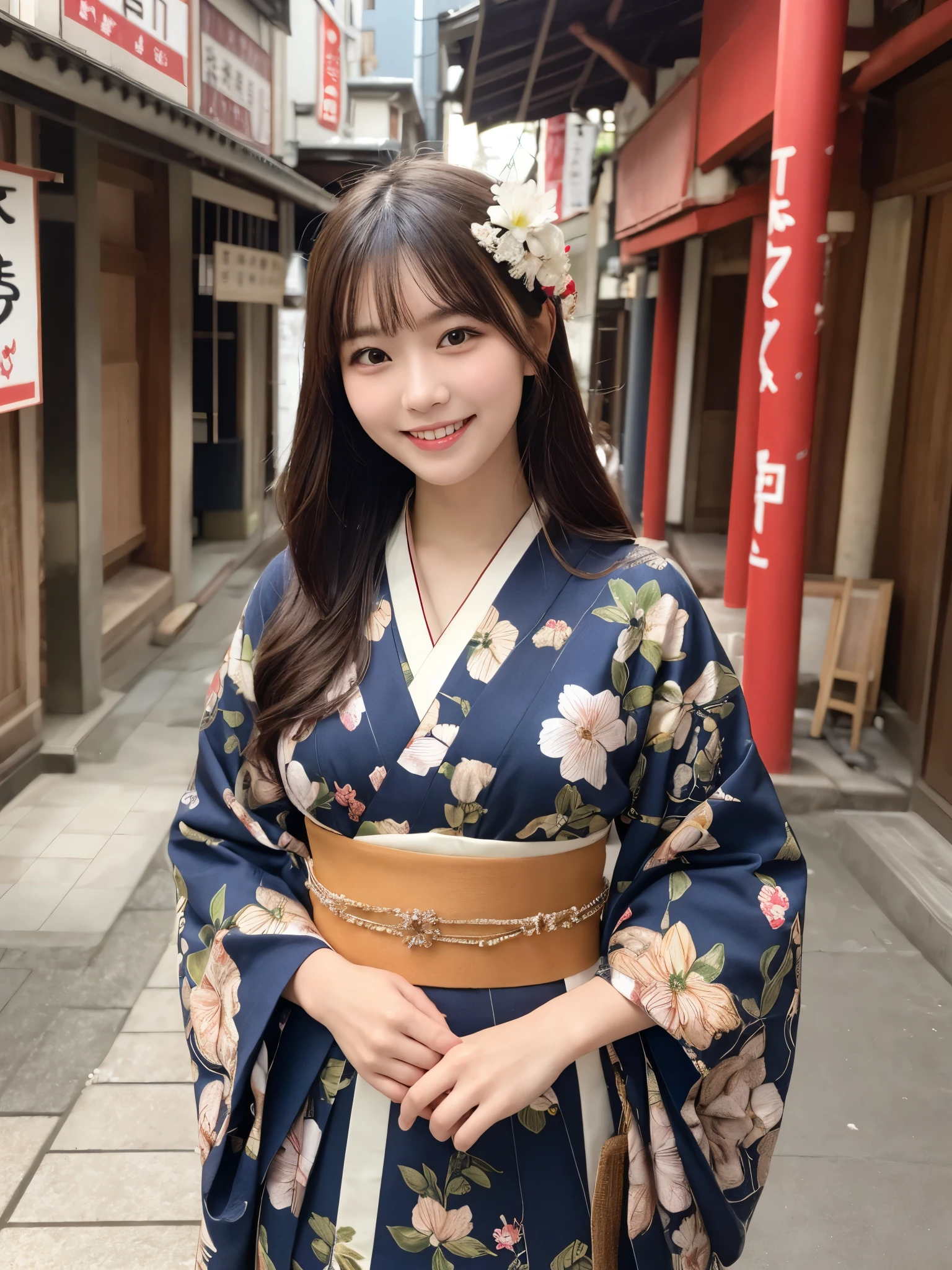 1girl, solo, highres, best_quality, masterpiece, detailed_background, intricate_details, beautiful, hiroshima, miyajima, deer, traditional_clothes, kimono, smile, looking_at_viewer, dynamic_pose, natural_pose, candid, happy