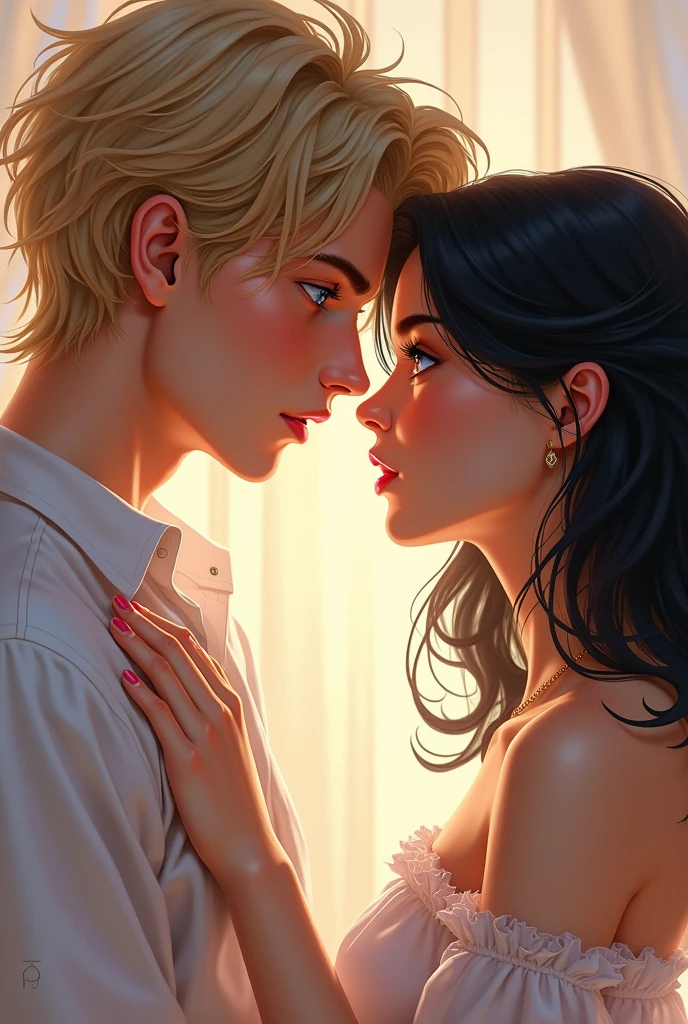 Imagine a cover in pastel tones, I want my protagonists to appear on the cover, A man with blond hair, disordered, tall blue eyes, I want this looking into the eyes of my female protagonist with shoulder-length black semi-wavy hair, Brown eyes, both with fine features, that in the photograph you can see sexual tension between them, something sensual