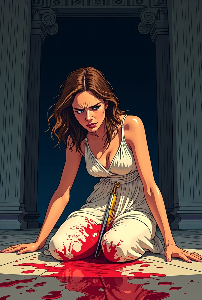 Phaedra commits suicide over the death of Hippolytus, make it like a cartoon, with blood