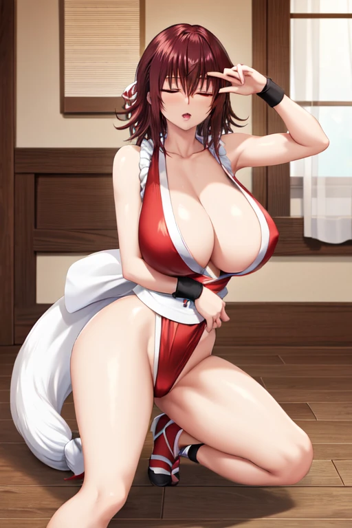 masterpiece, best quality, beautiful art, high resolution, well formed hands, body and fingers, 1 woman, solo, Ryouko Mikado, 3, red makeup, red lipstick,adult, grown up,  cosplaying as Mai Shiranui , mai_shiranui_cosplay, adult, large and big breasted, cleavage, full body , hair ribbon, gorgeous legs and, thighs, sexy Japanese clothes, hair ornament , sexy and bare legs , hips and thighs, ryona , in peril, she is being beaten up by her opponent, closed eyes, she is knocked down and she is slapped in the face , she falls down backwards, falling down on the floor, receiving the impact of her opponent's attacks, closed eyes, screaming in pain and agony, heroine in peril, ryona and perilous scene, bouncing breasts, weak and helpless, martial arts tournament on the beach 