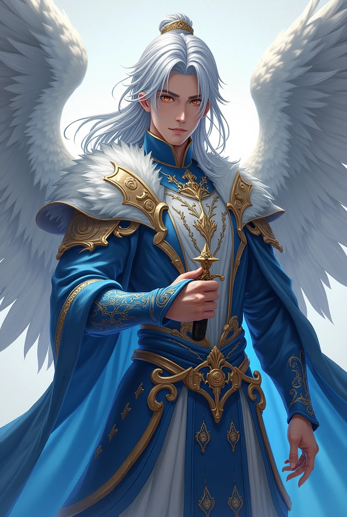 Handsome xianxia protagonist,man,guy,silverish long hair,golden amber eyes and long silver hair,use armour featuring like white Tiger furr motiv with azure and white dominant color, combination of azure and white dominant color,with majestic golden line ,held sword star, wings at back,24K ultra hd,face and eyes detail,better quality