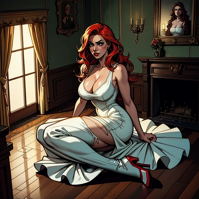 (suspense dinner ((Conceptual art)), Extremely detailed with a girl dressed in elegant white dress and boots.), (better lighting, best shadow, extremamente delicado e scaredr), (digital illustration), ((paint 4k)), [(dynamic angle,((1 girl)),redhead, long wavy hair, beautiful eyes, full lips, busty, , perky , perfect , narrow waist, slender body, (pretty face, perfect face, scared,) scared expression, torn clothes, a gun in your hand, sitting on the floor, darkness, casa scaredra), [:(dark, mysterious, game painting, sinister scenario, uneven corridors, Mansion, deadly silence):]