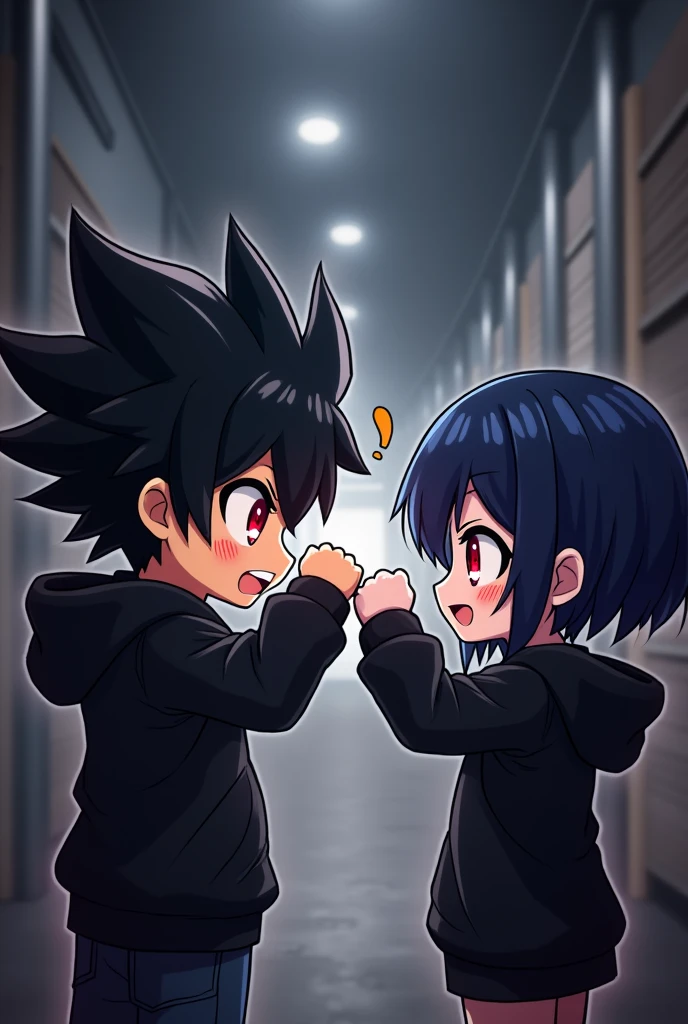 A boy ((( Anime boy , Spiky hair , black hair , black hoodie , blood red eyes , narrowed eye
 ))) , A girl ((( Anime girl , dark blue hair , modern day mullet hair style , short hair , black hoodie , red eyes , almond eye
 ))) , dark background , doing fistbump 🤜🤛 , saying "gambare!!" , chibi