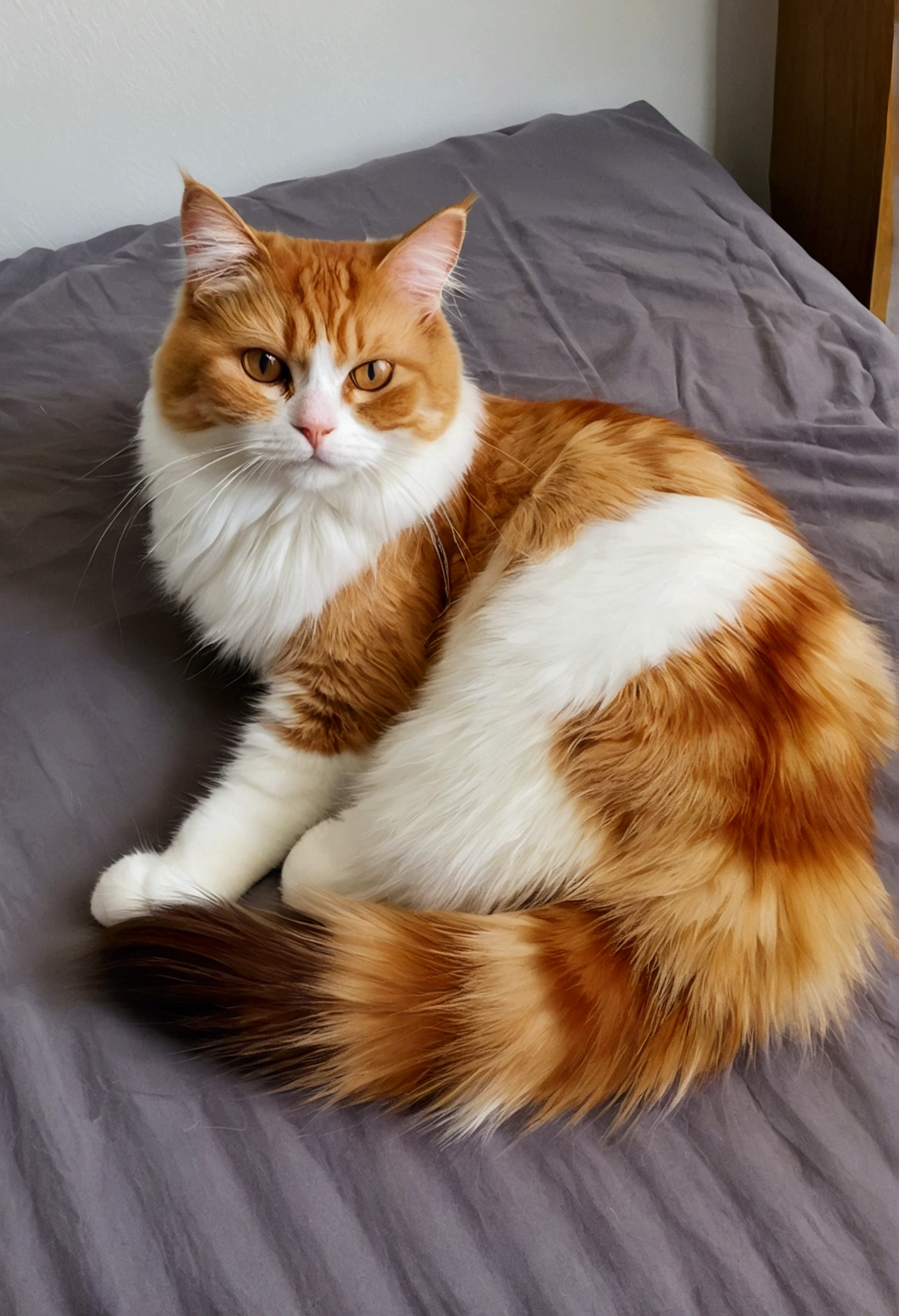 there is a cat that is laying down on a bed, calico cat, cat tail, calico, thick fluffy tail, orange fluffy belly, fluffy tail, cat dog hybrid, persian cat, awesome cat, a cat, with tail, attached tail, ginger cat, chonker cat, white with chocolate brown spots, bushy tail, white ( cat ) boy