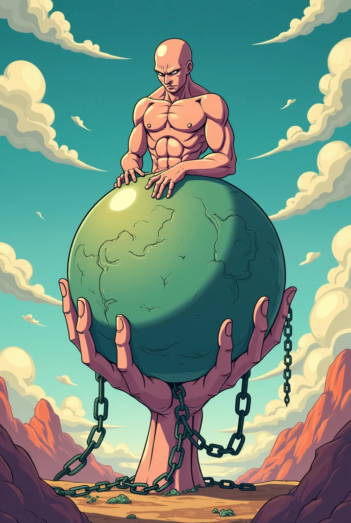 Draw a cartoon dragon ball painting of a chained, drooping hand ball with a topless top