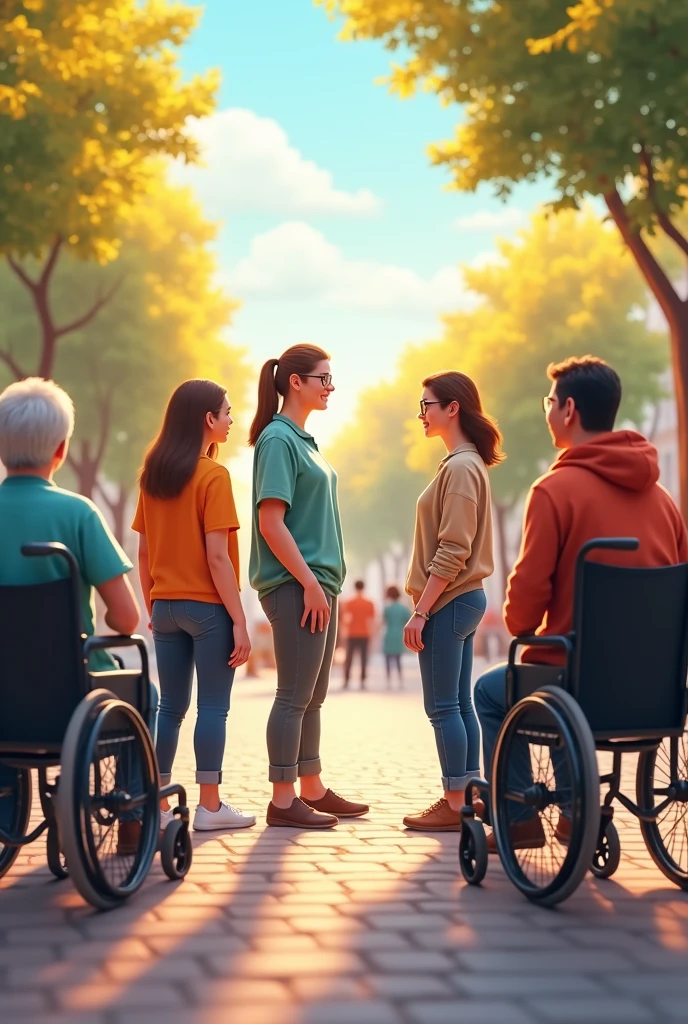 Create an image that promotes social inclusion. With visually impaired people, with mobile disabilities and all types of disabilities. Visual impairment using glasses.