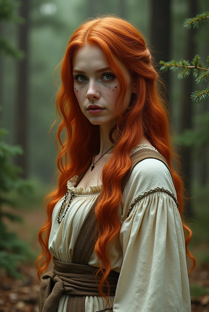 Red-haired snake woman,in red peasant clothes,Unripe,offwhite,beiges,background with pine trees, facing the front