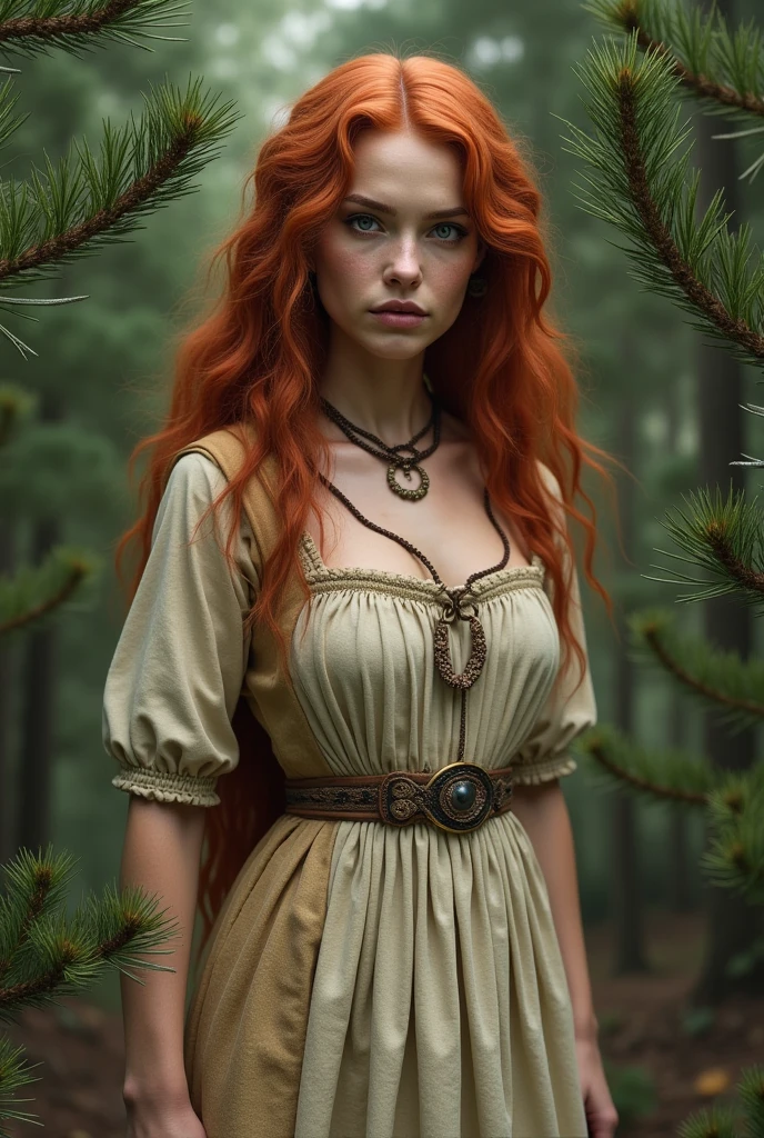 Red-haired snake woman,in red peasant clothes,Unripe,offwhite,beiges,background with pine trees, facing the front