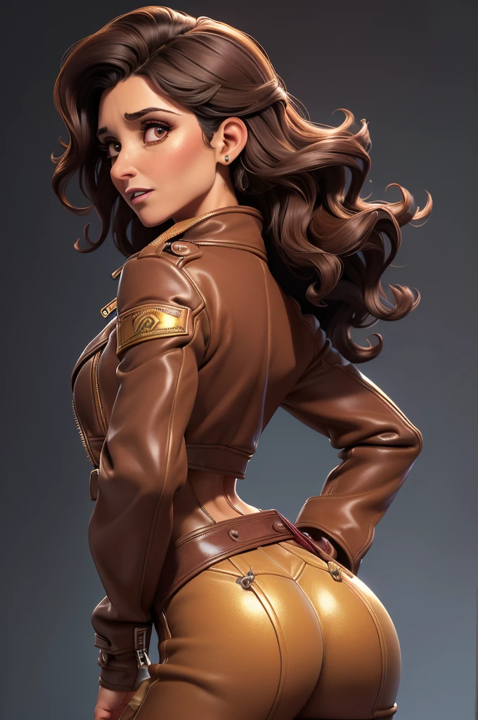 obra prima, melhor qualidade, ((only one woman,)) ((julia louis dreyfus, dark tan skin, short black curly hair, heavy makeup eye shadow, mouth open,)) (((wearing thigh length brown distressed oxblood jacket,))) (((jacket is zipped up, jacket covers waist and ass,))) ((jacket has stiff high collar,)) ((gold pvc gloves,)) body is very skinny, standing up, (((arched back, shoulders leaning way back, hips twisting, head tilted way back, chin up,))) ((camera back view, extreme closeup view of upper body,)) shallow depth of field, highres, HD, 8k, anatomically correct