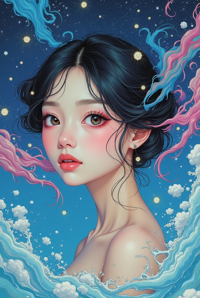 (Japanese girl:1.3), beautiful detailed eyes, beautiful detailed lips, extremely detailed eyes and face, long eyelashes, upper body, from side, looking at viewer, (fractal art:1.3), (rainbow color hair, colorful hair, half blue and half pink hair:1.2), water, liquid, cloud, colorful, starry, stars, (best quality, 4k, 8k, highres, masterpiece:1.2), ultra-detailed, (realistic, photorealistic, photo-realistic:1.37), vibrant colors, studio lighting, extremely detailed description, professional, concept art, surreal, 1920s french vibe, in the style of french illustrator moebius,