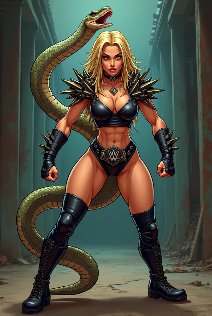 Female Cartoon rattlesnake dressed like WWE wrestler Rhea Ripley 