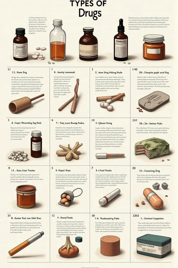 imageio:An illustrated table with drawings of bottles, cigarettes and pills, highlighting the main types of drugs and their risks.