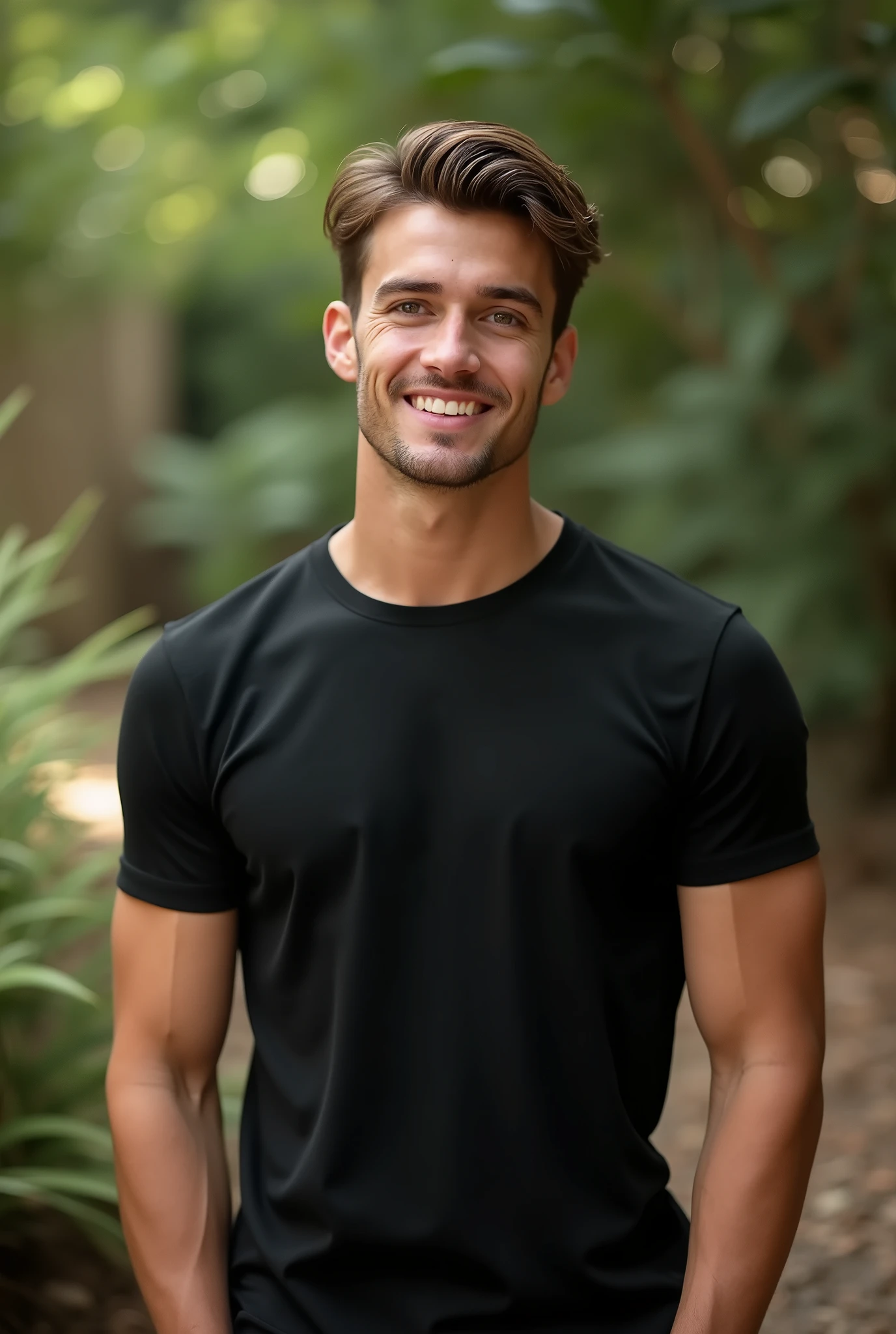 Give me 1 male model with 25 yo with a simple black tshirt in a natural background. The model is looking front to the camera and smiling. From the waist up. I want to see the full model