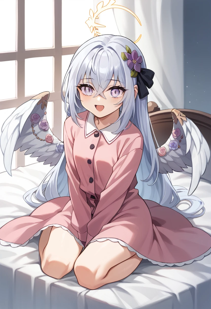 azusa \(blue archive\), 1girl alternate_costume angel_wings barefoot black_pajamas blanket crossed_bangs feathered_wings feet halo kneeling long_hair on_bed open_mouth pajamas purple_eyes sidelocks smile solo toes under_covers very_long_hair white_hair wings