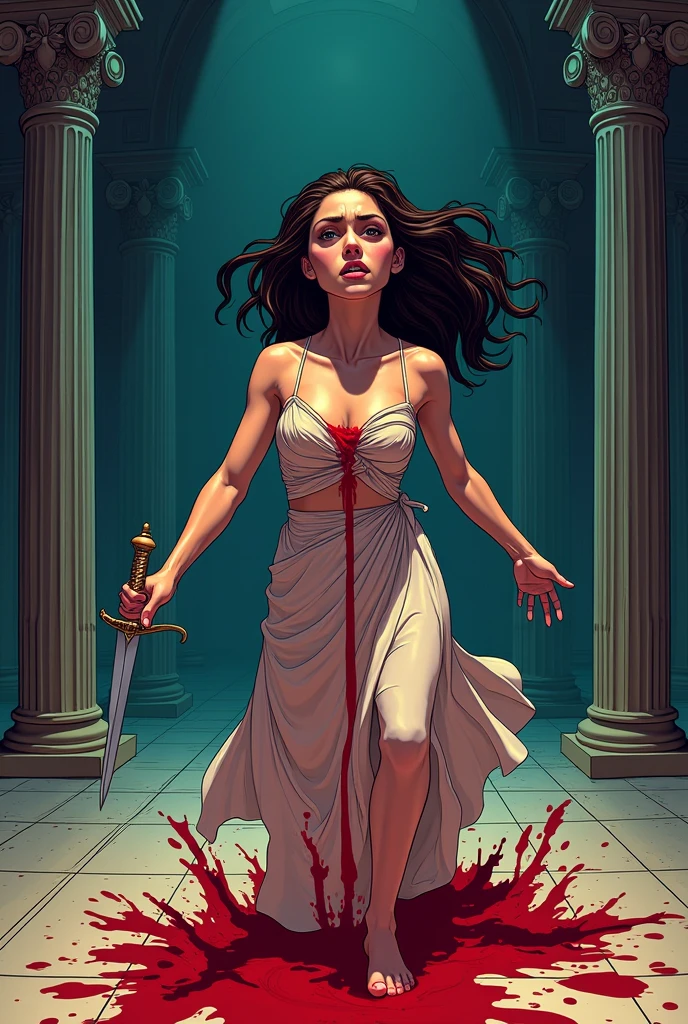 Phaedra commits suicide over the death of Hippolytus, make it like a cartoon, with blood