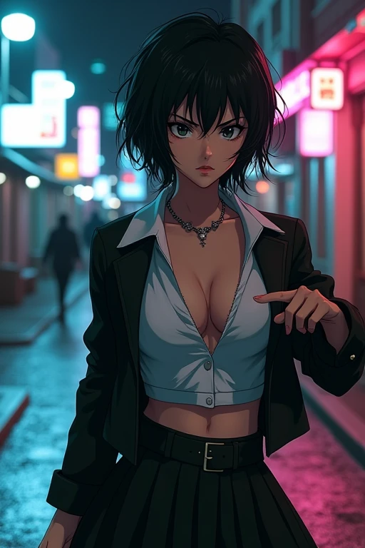 Create a live-action depiction of a female version of Yuusuke Urameshi. She has short, messy black hair and fierce, determined eyes. Her outfit is a modernized, revealing version of her school uniform, featuring a tight-fitting, deep V-neck shirt that accentuates her large chest, paired with a cropped jacket and high-waisted skirt. She has a confident and rebellious expression, with a feminine version of her spirit gun pose.
	•	Background: A realistic, urban street scene at night in a gritty city, with neon lights reflecting off the wet pavement.