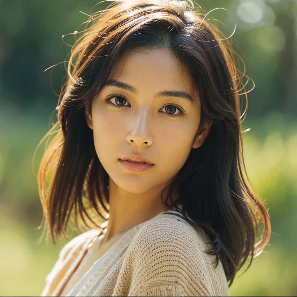 A hyper-realistic image of a single Japanese woman in her early 20s, captured with the nostalgic warmth and subtle graininess of a film camera. Her skin has a warm beige tone with a natural, slightly rough texture that includes visible pores, fine lines, and subtle imperfections such as small blemishes, adding to the authenticity of her appearance. The soft, diffused natural light enhances the film-like quality, casting gentle shadows that create a timeless, organic feel. Her straight, glossy black hair frames her face in a natural, slightly tousled manner, and her deep brown eyes reflect the ambient light, adding depth and emotion. The film camera effect introduces a slight grain and a softer focus, giving the image a warm, nostalgic atmosphere while maintaining the realistic texture of her skin. She is dressed simply, in a way that complements her natural beauty, with the overall composition designed to evoke a sense of genuine, understated elegance. The use of natural light, combined with the deliberately rougher texture of her skin and the film-like qualities, ensures that this image captures the imperfections that make her beauty truly lifelike, focusing solely on this one individual.