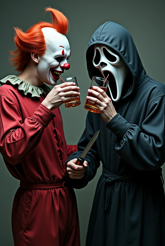 Two friends are hugging, smiling for the photo, and drinking whisky straight from the bottle. One friend is dressed as a killer clown with bloodstains on his clothes and face. He has sharp teeth and glowing eyes. The other is dressed exactly as Ghostface, wearing the exact robes from the horror movie Scream, and is holding a knife. They are both having a lot of fun, but even so, they are frightening to look at. The two are perfectly framed in the image, ensuring that no part of their elbows or any other part of their arms is cut off, capturing the entire scene clearly