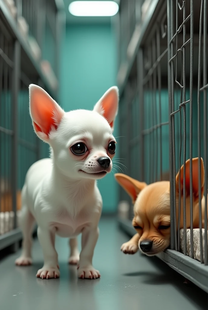 Make me a white chihuahua dog in cage pushing the cage next to the other chihuahua dog in cage sleeping