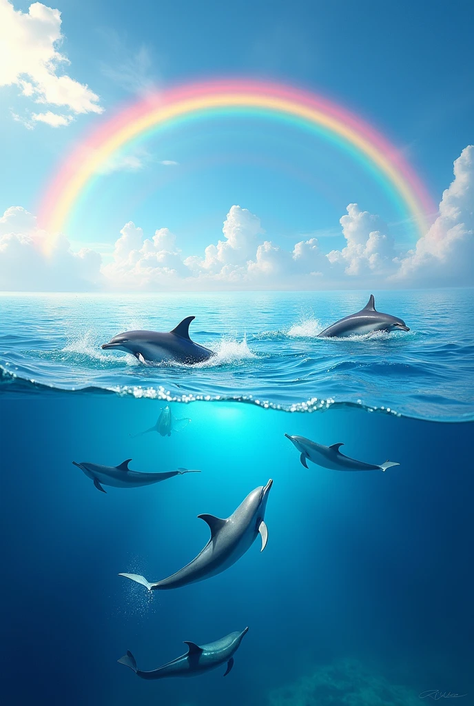 Makes for a sunny and splendid day, A bright blue sea in which dolphins play while in the distance there is a rainbow