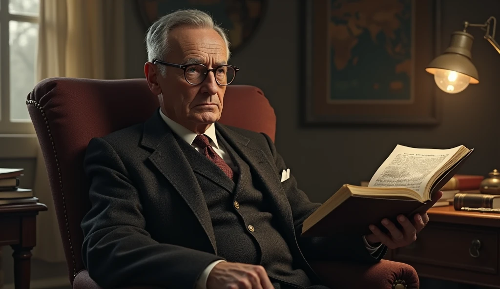 An elderly man with a thin, serene and contemplative expression. He has short, dark hair that is slightly balding in the front, slightly graying, and wears a classic 1930s suit, with small, square, prescription glasses and a discreet tie. Cayce is seated in a vintage-looking chair in a setting that resembles an old-fashioned office, with books and papers in the background. The soft, diffuse lighting highlights his face, conveying an aura of wisdom and introspection. In one hand, he holds an open book, symbolizing his knowledge and psychic abilities. The scene has a nostalgic and mysterious tone, reflecting the enigmatic nature of his predictions and readings.